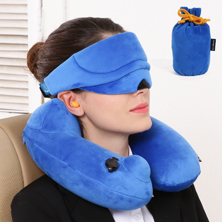 U型自动充气枕便携式自动充气护颈枕眼罩三件套  医疗展会礼品